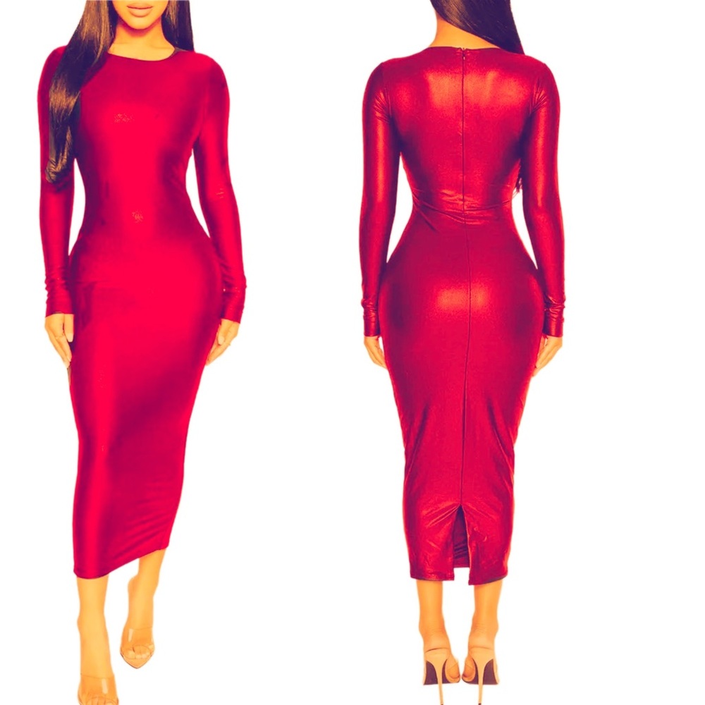 Liquid leather Red body con Midi dress many sizes